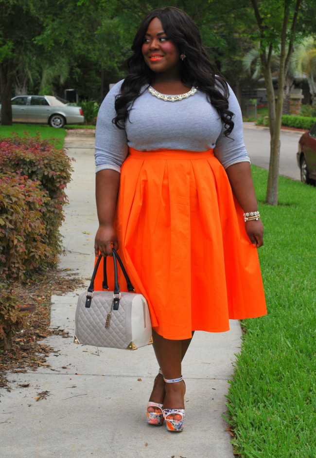 Musings of a Curvy Lady, Plus Size Fashion, Plus Size Blogger, Fashion Blogger, Tangerine Dream, Midi Skirt, Midi Moment, Eloquii, #XOQ, Pink Clubwear, Embellished Sweatshirt, ShoeDazzle, Wedges,  Grey and Orange, Bella Dream Hair, Women's Fashion