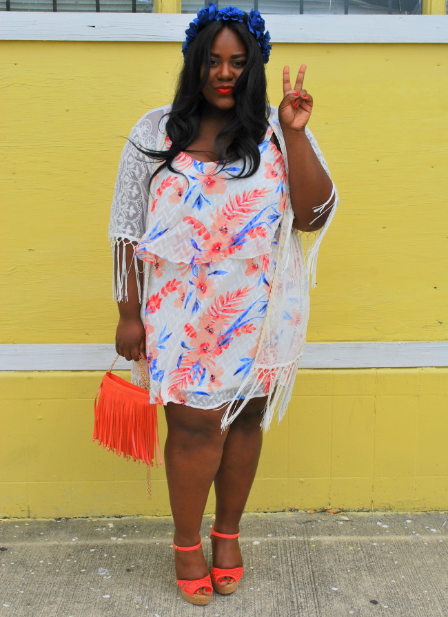 Musings of a Curvy Lady, Fashion Blogger, Fashion Blogger, Festival Fashion, Nochella, Flower Crown, Fringe Kimona, Lace Kimona, Wedges, Charlotte Russe Plus, Charlotte Russe