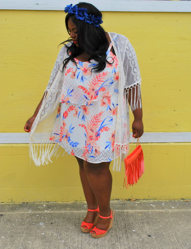 Musings of a Curvy Lady, Fashion Blogger, Fashion Blogger, Festival Fashion, Nochella, Flower Crown, Fringe Kimona, Lace Kimona, Wedges, Charlotte Russe Plus, Charlotte Russe