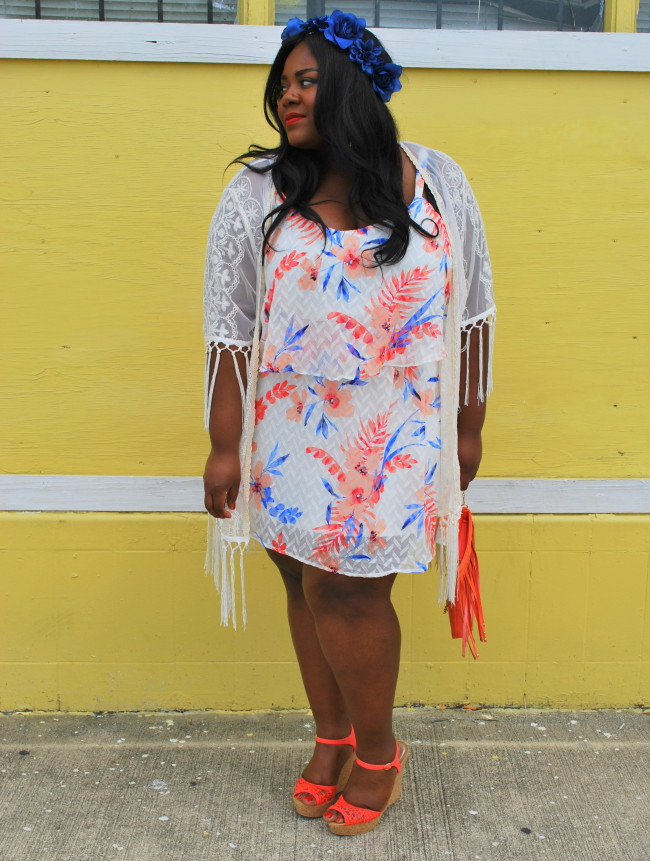 Musings of a Curvy Lady, Fashion Blogger, Fashion Blogger, Festival Fashion, Nochella, Flower Crown, Fringe Kimona, Lace Kimona, Wedges, Charlotte Russe Plus, Charlotte Russe