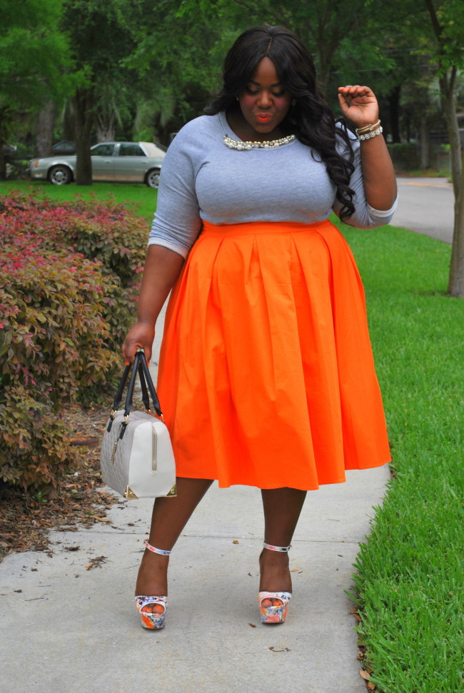 Musings of a Curvy Lady, Plus Size Fashion, Plus Size Blogger, Fashion Blogger, Tangerine Dream, Midi Skirt, Midi Moment, Eloquii, #XOQ, Pink Clubwear, Embellished Sweatshirt, ShoeDazzle, Wedges,  Grey and Orange, Bella Dream Hair, Women's Fashion