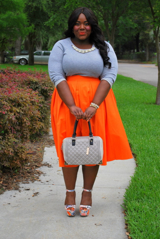 Musings of a Curvy Lady, Plus Size Fashion, Plus Size Blogger, Fashion Blogger, Tangerine Dream, Midi Skirt, Midi Moment, Eloquii, #XOQ, Pink Clubwear, Embellished Sweatshirt, ShoeDazzle, Wedges,  Grey and Orange, Bella Dream Hair, Women's Fashion