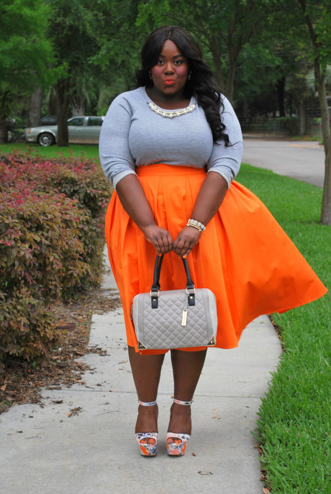 Musings of a Curvy Lady, Plus Size Fashion, Plus Size Blogger, Fashion Blogger, Tangerine Dream, Midi Skirt, Midi Moment, Eloquii, #XOQ, Pink Clubwear, Embellished Sweatshirt, ShoeDazzle, Wedges,  Grey and Orange, Bella Dream Hair, Women's Fashion