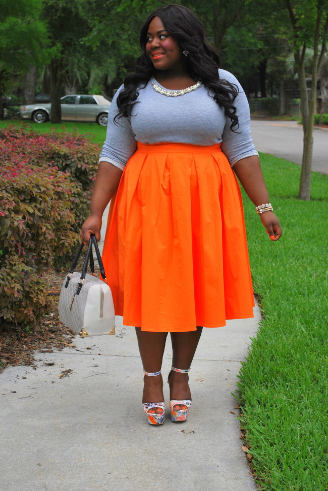 Musings of a Curvy Lady, Plus Size Fashion, Plus Size Blogger, Fashion Blogger, Tangerine Dream, Midi Skirt, Midi Moment, Eloquii, #XOQ, Pink Clubwear, Embellished Sweatshirt, ShoeDazzle, Wedges,  Grey and Orange, Bella Dream Hair, Women's Fashion