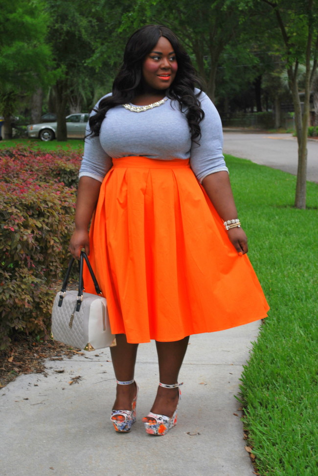 Musings of a Curvy Lady, Plus Size Fashion, Plus Size Blogger, Fashion Blogger, Tangerine Dream, Midi Skirt, Midi Moment, Eloquii, #XOQ, Pink Clubwear, Embellished Sweatshirt, ShoeDazzle, Wedges,  Grey and Orange, Bella Dream Hair, Women's Fashion