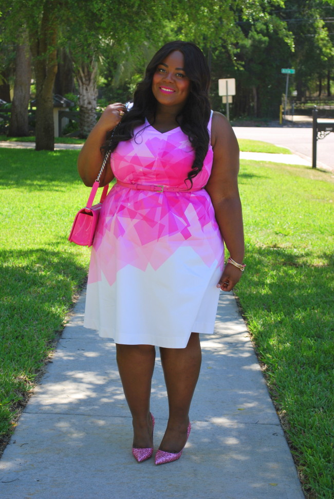 Musings of a Curvy Lady, Fashion Blogger, Curvy Style, Lela Rose for Lane Bryant, Pink, Elle Woods, Kate Spade Licorice Pumps, Glitter Pumps, Barbie Pink, Plus Size Fashion