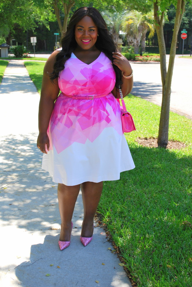 Musings of a Curvy Lady, Fashion Blogger, Curvy Style, Lela Rose for Lane Bryant, Pink, Elle Woods, Kate Spade Licorice Pumps, Glitter Pumps, Barbie Pink, Plus Size Fashion