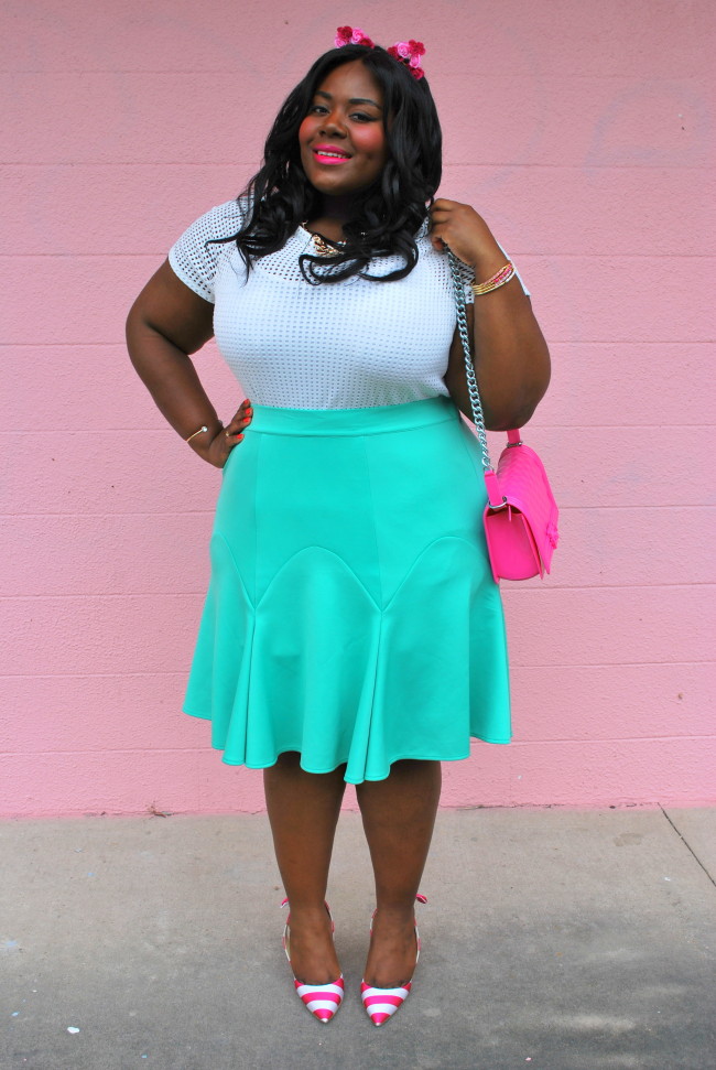 Pink Clubwear, Musings of a Curvy Lady, Plus Size Fashion , Pink, Kitty Ears, ShoeDazzle, Flippy Skirt, Eloquii, Ashley Stewart