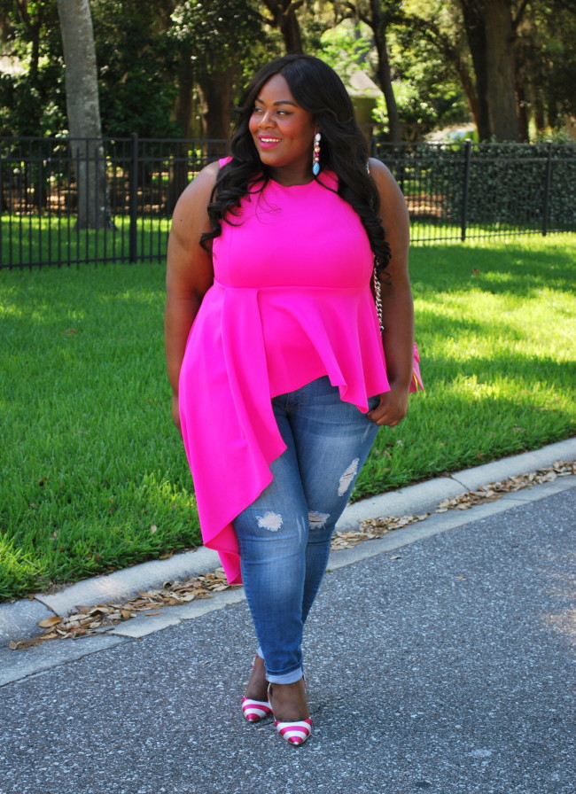 Musings of a Curvy Lady, Plus Size Fashion, Pink ClubWear, Distressed Denim, ShoeDazzle, Striped Heels, Pink Outfit, Casual Women's Outfit, Women's Fashion