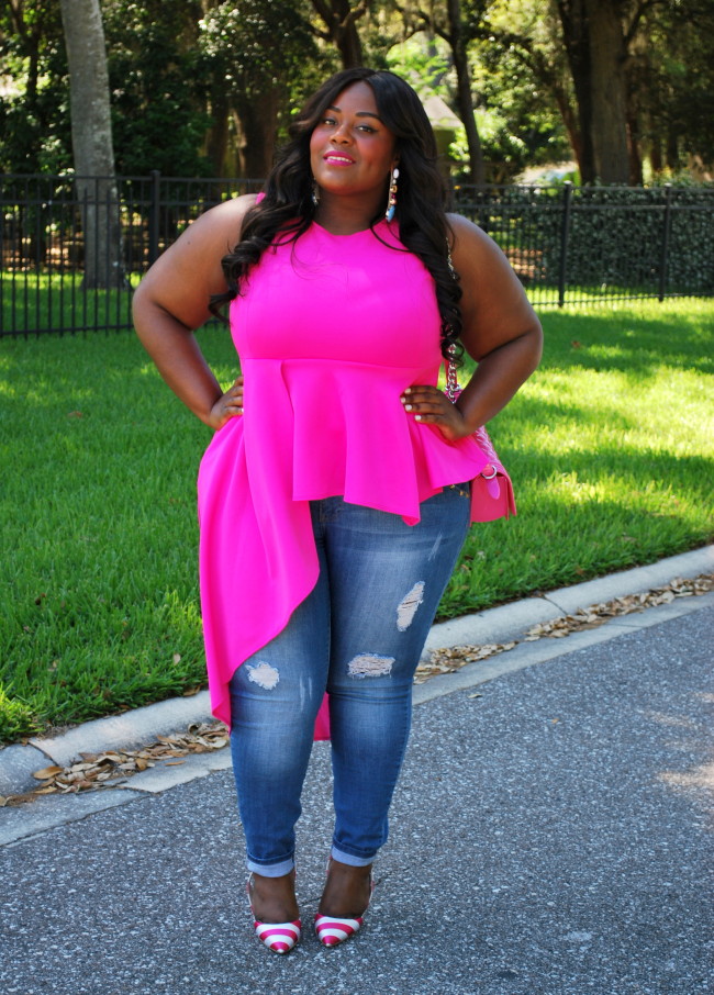 Musings of a Curvy Lady, Plus Size Fashion, Pink ClubWear, Distressed Denim, ShoeDazzle, Striped Heels, Pink Outfit, Casual Women's Outfit, Women's Fashion