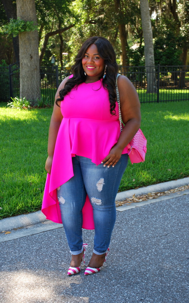 Musings of a Curvy Lady, Plus Size Fashion, Pink ClubWear, Distressed Denim, ShoeDazzle, Striped Heels, Pink Outfit, Casual Women's Outfit, Women's Fashion