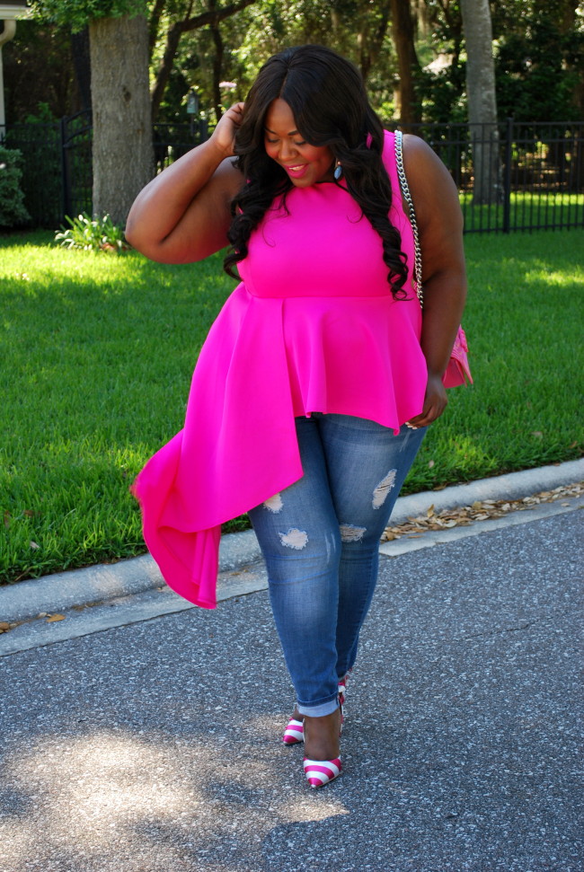 Musings of a Curvy Lady, Plus Size Fashion, Pink ClubWear, Distressed Denim, ShoeDazzle, Striped Heels, Pink Outfit, Casual Women's Outfit, Women's Fashion