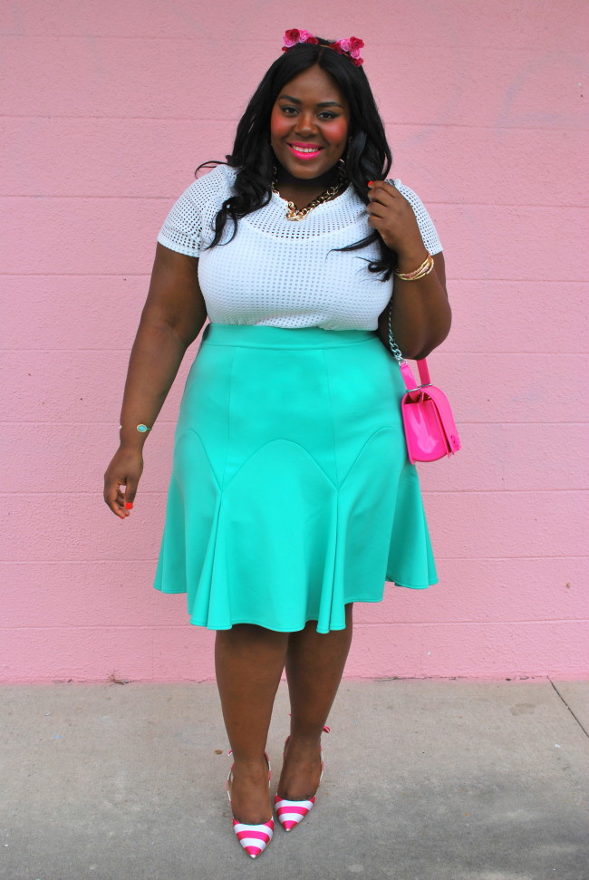 Pink Clubwear, Musings of a Curvy Lady, Plus Size Fashion , Pink, Kitty Ears, ShoeDazzle, Flippy Skirt, Eloquii, Ashley Stewart