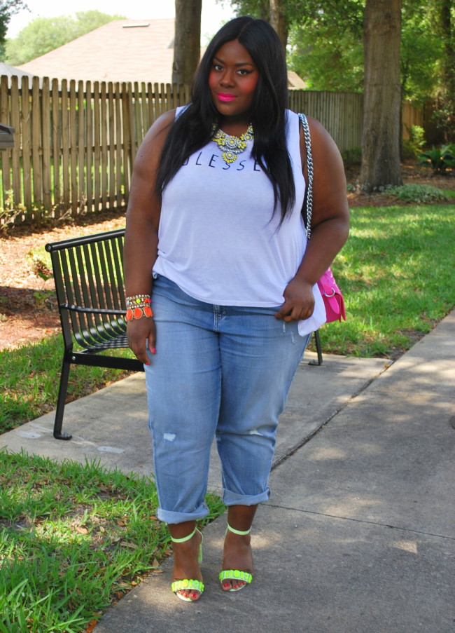 Musings of a Curvy Lady, Plus Size Fashion, Fashion Blogger, Women's Fashion, Weekend Outfit, Pink Clubwear, Blessed Graphic Tee, Neon Accessories, Too Faced Melted