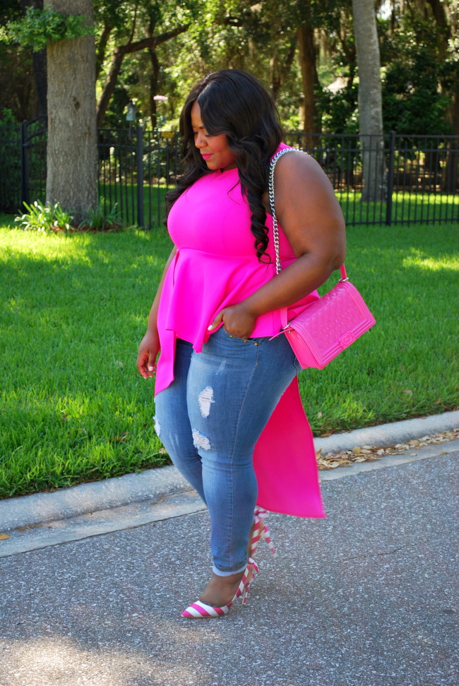 Musings of a Curvy Lady, Plus Size Fashion, Pink ClubWear, Distressed Denim, ShoeDazzle, Striped Heels, Pink Outfit, Casual Women's Outfit, Women's Fashion