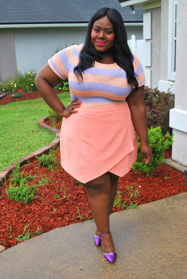 Musings of a Curvy Lady, Plus Size Fashion, Coral and Lavender, Skort, Pastels, New Look, Forever 21 Plus 