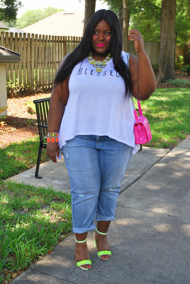 Musings of a Curvy Lady, Plus Size Fashion, Fashion Blogger, Women's Fashion, Weekend Outfit, Pink Clubwear, Blessed Graphic Tee, Neon Accessories, Too Faced Melted