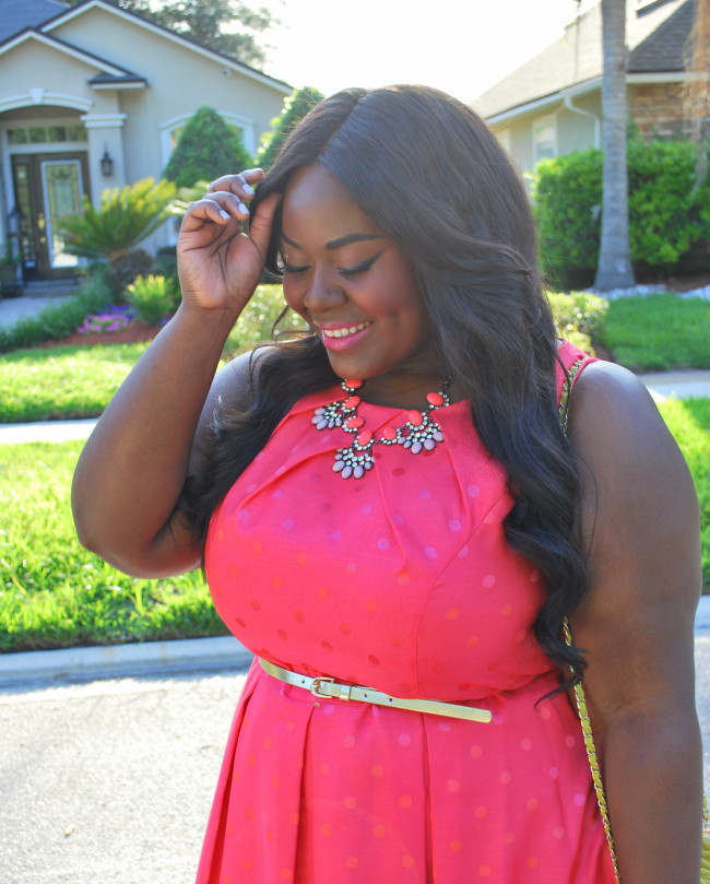 Musings of a Curvy Lady, Plus Size Fashion, Fashion Blogger, Women's Fashion, Gwynnie Bee, People Style Watch, Fit and Flare Dress, Polka dot Print dress, Sophia Webster , Sophia Webster Lola Pumps, Mint and Lolly, Statement Necklace