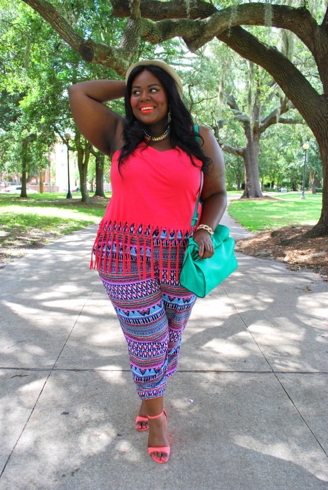 Musings of a Curvy Lady, Plus Size Fashion, Fashion Blogger, Women's Fashion, Summer Fashion, Weekend Fashion, What I Wore, Style Hunter, Tribal Print, Fringe, Fedora, Summer Style, Bright colors