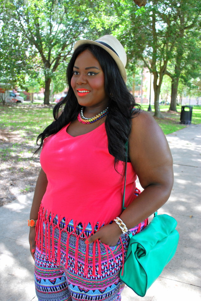 Musings of a Curvy Lady, Plus Size Fashion, Fashion Blogger, Women's Fashion, Summer Fashion, Weekend Fashion, What I Wore, Style Hunter, Tribal Print, Fringe, Fedora, Summer Style, Bright colors