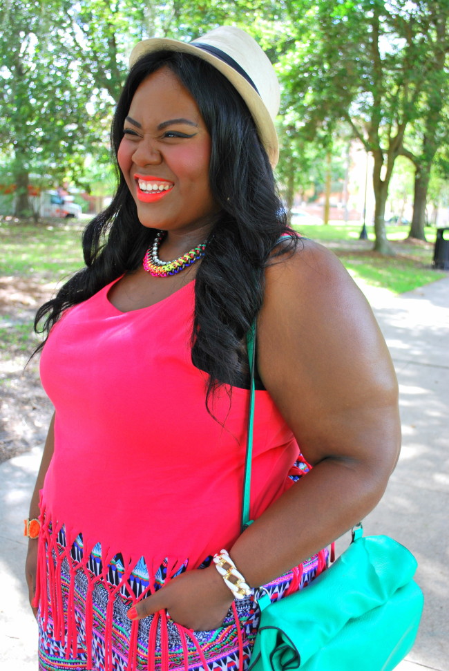 Musings of a Curvy Lady, Plus Size Fashion, Fashion Blogger, Women's Fashion, Summer Fashion, Weekend Fashion, What I Wore, Style Hunter, Tribal Print, Fringe, Fedora, Summer Style, Bright colors