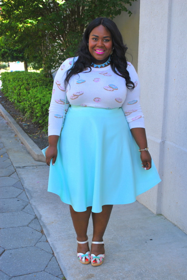 Musings of a Curvy Lady, Plus Size Fashion, Fashion Blogger, LC Lauren Conrad, ASOS Curve, Donut Print, Pastels, Swedish Hasbeen, Clogs, Midi Skirt, Women's Fashion, Style Hunter