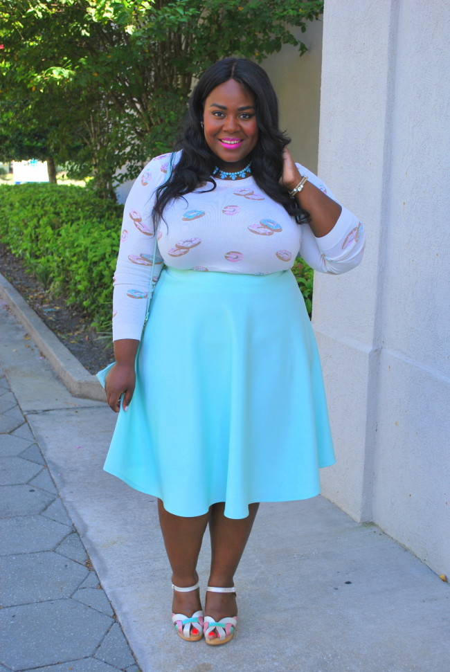 Musings of a Curvy Lady, Plus Size Fashion, Fashion Blogger, LC Lauren Conrad, ASOS Curve, Donut Print, Pastels, Swedish Hasbeen, Clogs, Midi Skirt, Women's Fashion, Style Hunter