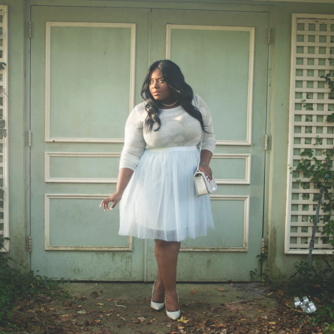 Musings of a Curvy Lady, Plus Size Fashion, Fashion Blogger, Women's Fashion, LC Lauren Conrad, Kohl's, Tulle Skirt, Cloud Print, Rebecca Minkoff, Quilted Bag, Go Jane, Grey Pumps, Pearl Necklace, Muted Colors