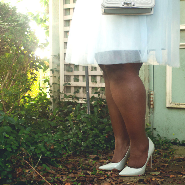 Musings of a Curvy Lady, Plus Size Fashion, Fashion Blogger, Women's Fashion, LC Lauren Conrad, Kohl's, Tulle Skirt, Cloud Print, Rebecca Minkoff, Quilted Bag, Go Jane, Grey Pumps, Pearl Necklace, Muted Colors