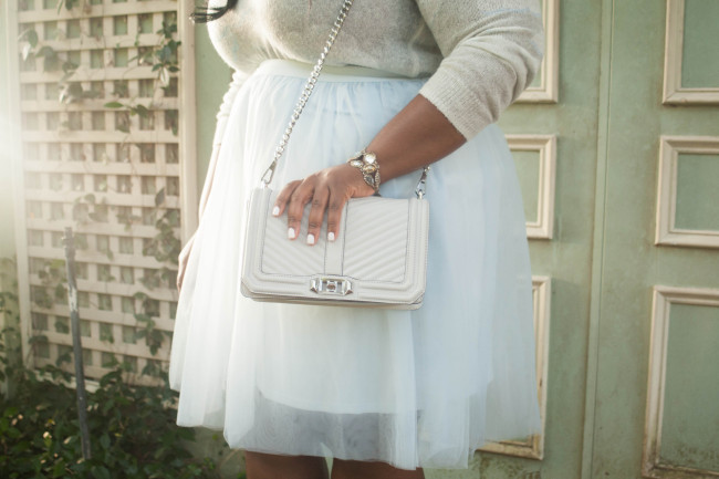 Musings of a Curvy Lady, Plus Size Fashion, Fashion Blogger, Women's Fashion, LC Lauren Conrad, Kohl's, Tulle Skirt, Cloud Print, Rebecca Minkoff, Quilted Bag, Go Jane, Grey Pumps, Pearl Necklace, Muted Colors