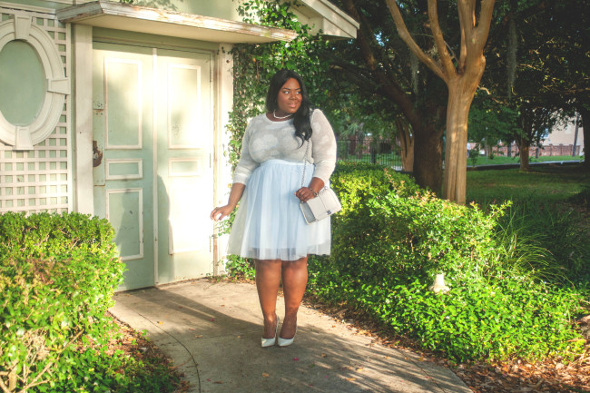 Musings of a Curvy Lady, Plus Size Fashion, Fashion Blogger, Women's Fashion, LC Lauren Conrad, Kohl's, Tulle Skirt, Cloud Print, Rebecca Minkoff, Quilted Bag, Go Jane, Grey Pumps, Pearl Necklace, Muted Colors