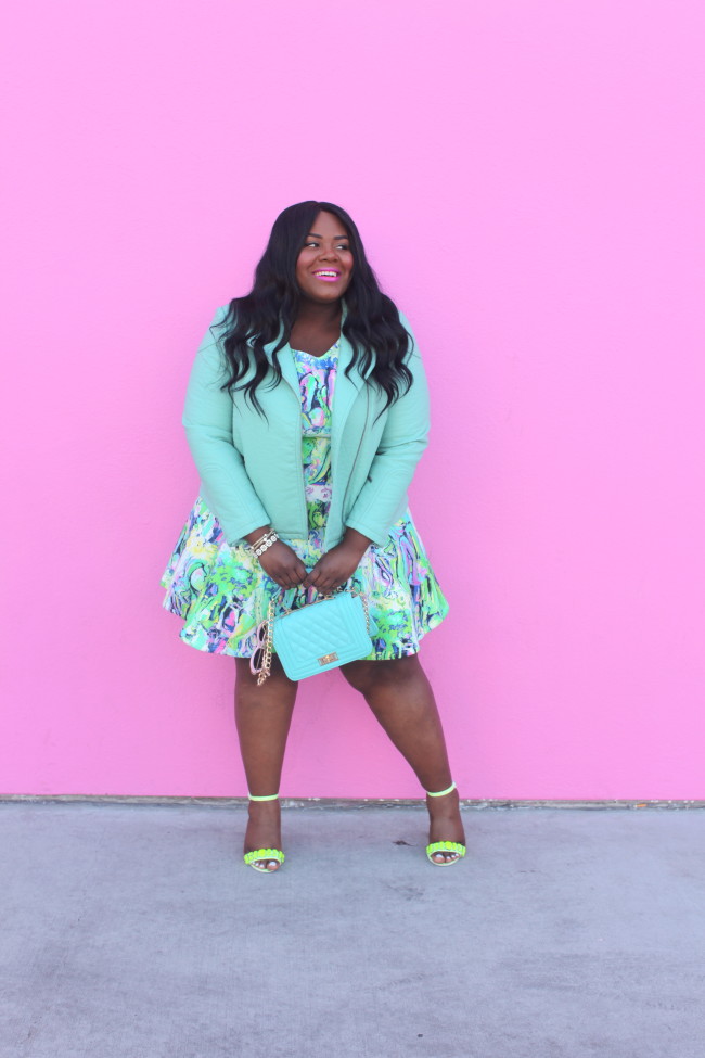 Musings of a Curvy Lady, Plus Size Fashion, Fashion Blogger, Plus Size Blogger, Women's Fashion, Style Hunter, #MCBeautyRoadShow, #YouGotItRight, #StyleWatchMag, Fall Fashion, Bright Color outfit, Pastel Outfit, Moto Jacket with Dress, Neon Shoes, Simply Be, ASOS