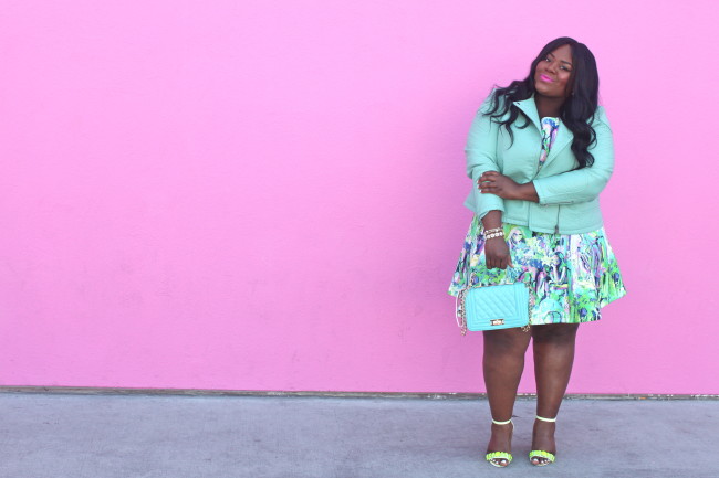 Musings of a Curvy Lady, Plus Size Fashion, Fashion Blogger, Plus Size Blogger, Women's Fashion, Style Hunter, #MCBeautyRoadShow, #YouGotItRight, #StyleWatchMag, Fall Fashion, Bright Color outfit, Pastel Outfit, Moto Jacket with Dress, Neon Shoes, Simply Be, ASOS