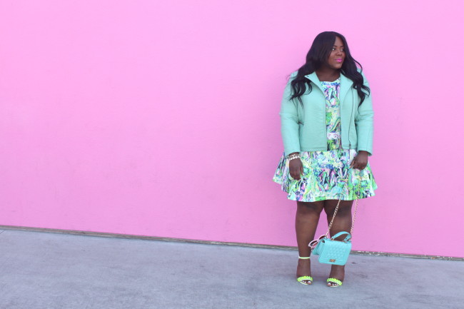 Musings of a Curvy Lady, Plus Size Fashion, Fashion Blogger, Plus Size Blogger, Women's Fashion, Style Hunter, #MCBeautyRoadShow, #YouGotItRight, #StyleWatchMag, Fall Fashion, Bright Color outfit, Pastel Outfit, Moto Jacket with Dress, Neon Shoes, Simply Be, ASOS