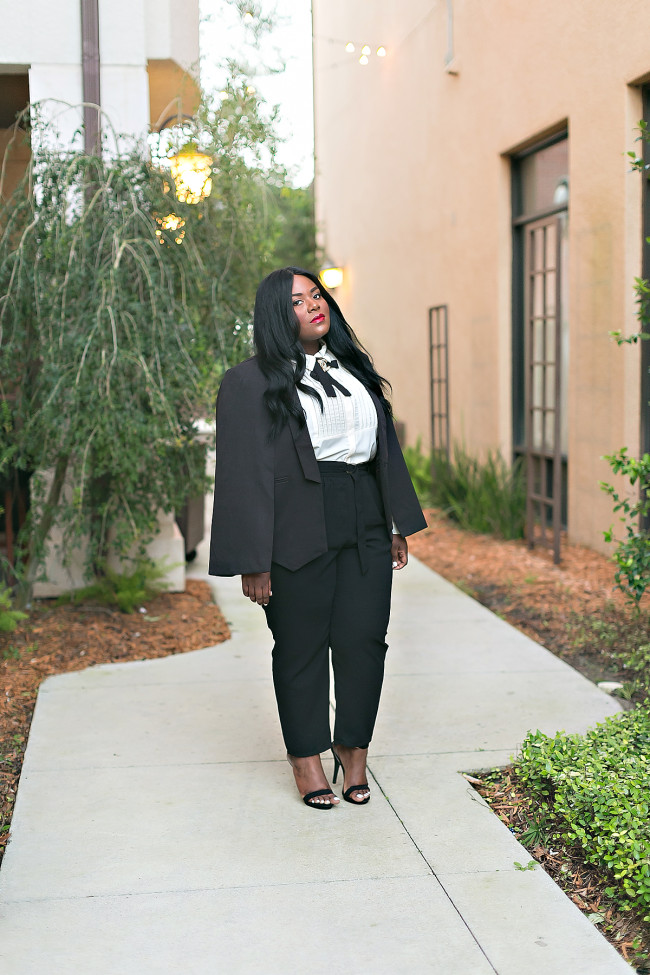 Musings of a Curvy Lady, Plus Size Fashion, Plus Size Blogger, Charlotte Russe, Charlotte Russe Plus, Charlotte It Girl, Fashion Blogger, Style Hunter, #YouGotItRight, Tuxedo Style, Menswear, Makeup Forever HD Foundation, Chanel Inspired, Caped Blazer, Black and White Outfit, Pl