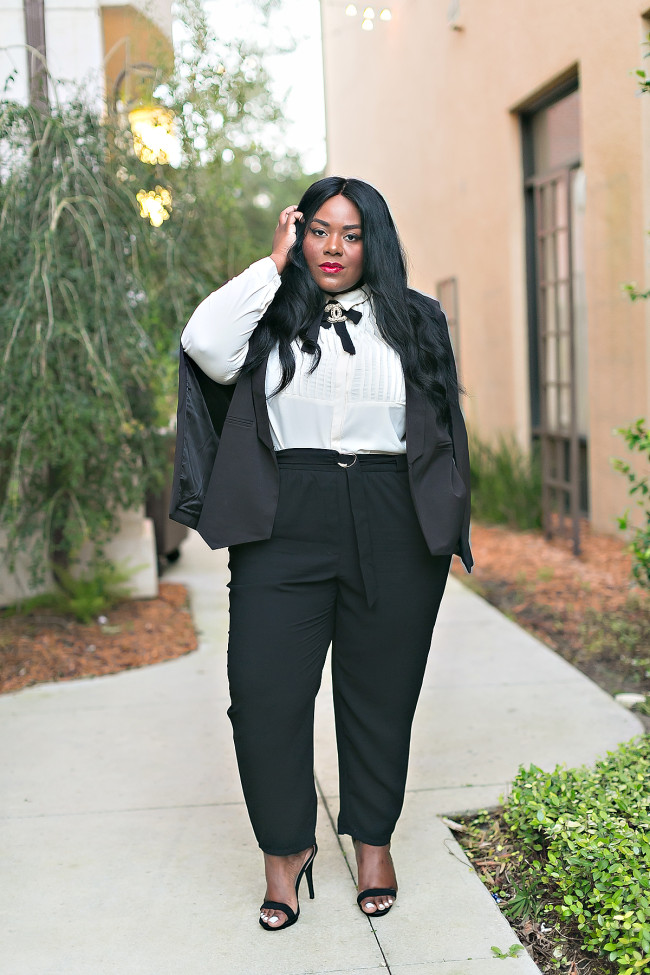 Musings of a Curvy Lady, Plus Size Fashion, Plus Size Blogger, Charlotte Russe, Charlotte Russe Plus, Charlotte It Girl, Fashion Blogger, Style Hunter, #YouGotItRight, Tuxedo Style, Menswear, Makeup Forever HD Foundation, Chanel Inspired, Caped Blazer, Black and White Outfit, Pl