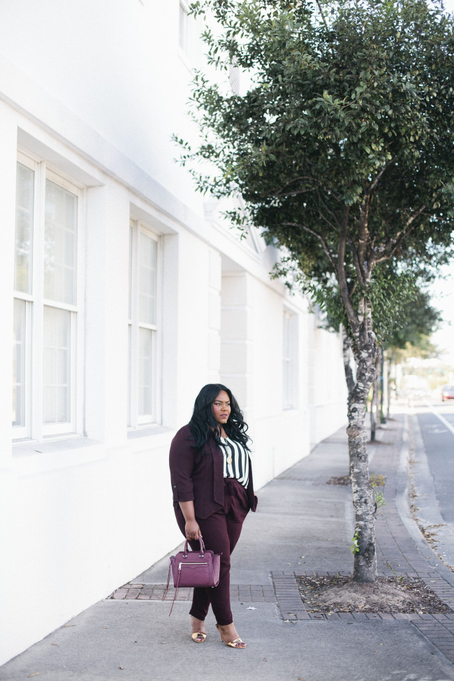 Musings of a Curvy Lady, Plus Size Fashion, Fashion Blogger, Style Hunter, You Got it Right, The Outfit, #RealOutfitGram, #MCBeautyRoadshow, Charlotte Russe Plus, Charlotte Russe, Fall Fashion, Women's Fashion, Women's Suit, Workwear, Stripes, Vampy