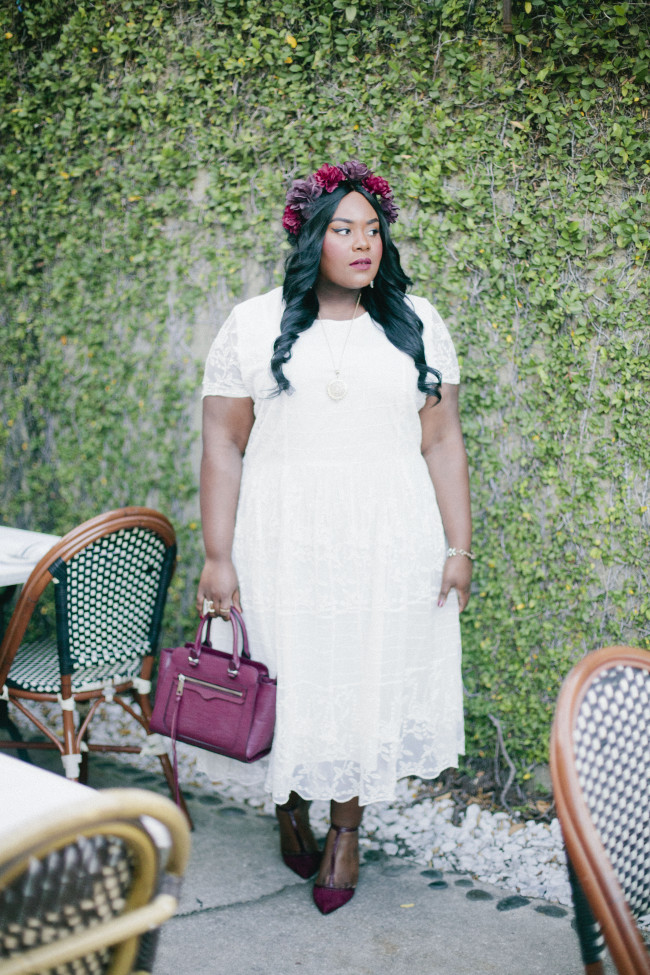 Musings of a Curvy Lady, Plus Size Fashion, Fashion Blogger, Style Hunter, #YouGotItRight, #StyleWatchMag, Floral Crown, White Lace Dress, Fall Fashion, Women's Fashion, OxBlood Accessories, ASOS Curve, Rebecca Minkoff, Nordstrom