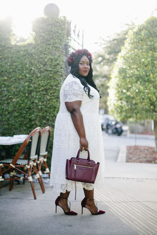 Musings of a Curvy Lady, Plus Size Fashion, Fashion Blogger, Style Hunter, #YouGotItRight, #StyleWatchMag, Floral Crown, White Lace Dress, Fall Fashion, Women's Fashion, OxBlood Accessories, ASOS Curve, Rebecca Minkoff, Nordstrom