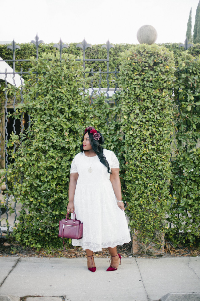 Musings of a Curvy Lady, Plus Size Fashion, Fashion Blogger, Style Hunter, #YouGotItRight, #StyleWatchMag, Floral Crown, White Lace Dress, Fall Fashion, Women's Fashion, OxBlood Accessories, ASOS Curve, Rebecca Minkoff, Nordstrom
