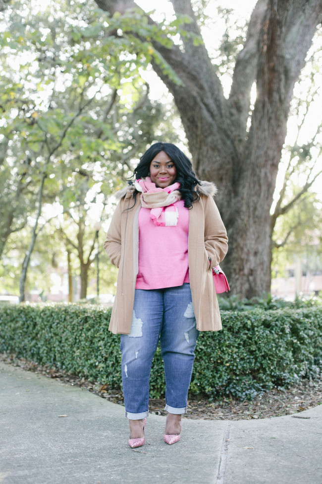 Musings of a Curvy Lady, Plus Size Fashion, Fashion Blogger, Cashmere, Lane Bryant, Pink Cashmere Sweater, 6th and Lane, Boyfriend Jeans, distressed denim, Plaid Scarf, Military Coat, Camel Coat, Women's Fashion, #PlusIsEqual, #RealOutfitGram, #MCBeautyRoadshow, OOTD, Fall Fashion, Kate Spade, Pink Glitter Pumps