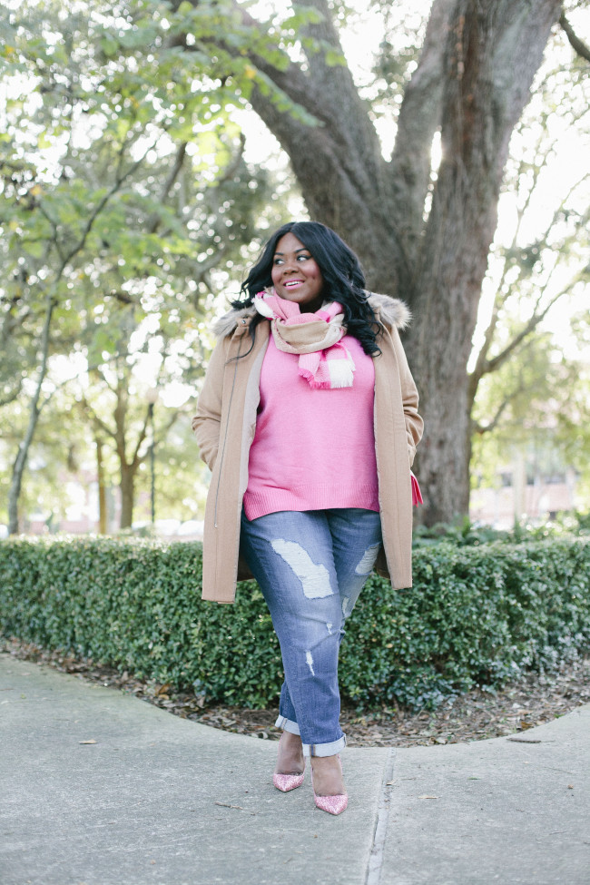 Musings of a Curvy Lady, Plus Size Fashion, Fashion Blogger, Cashmere, Lane Bryant, Pink Cashmere Sweater, 6th and Lane, Boyfriend Jeans, distressed denim, Plaid Scarf, Military Coat, Camel Coat, Women's Fashion, #PlusIsEqual, #RealOutfitGram, #MCBeautyRoadshow, OOTD, Fall Fashion, Kate Spade, Pink Glitter Pumps