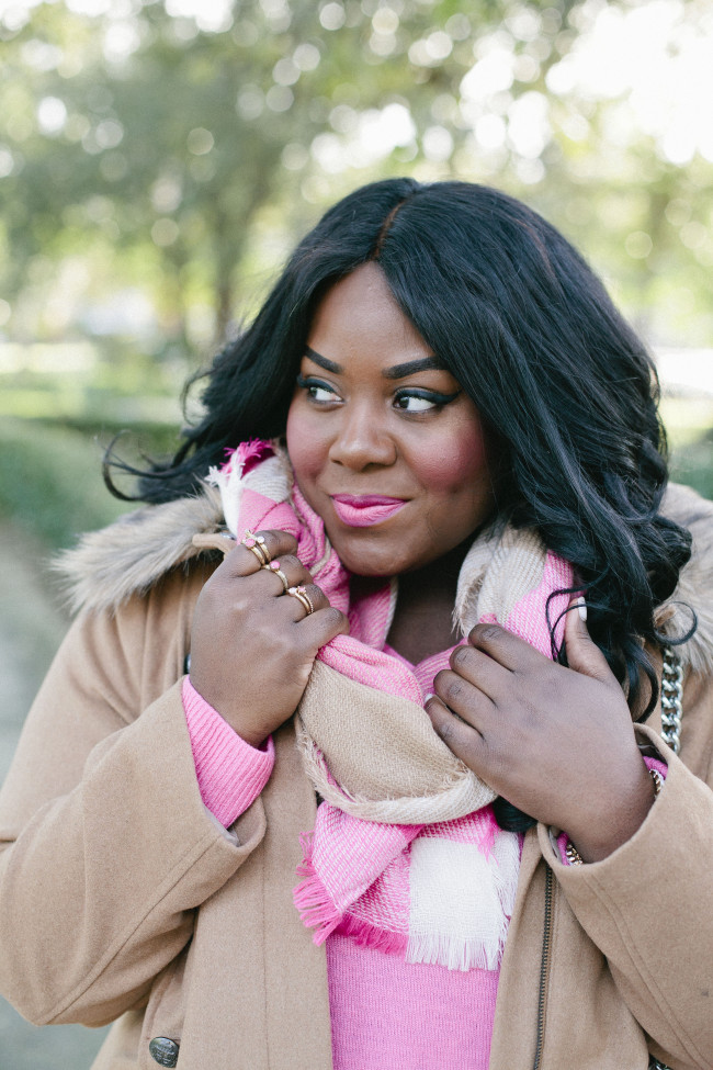 Musings of a Curvy Lady, Plus Size Fashion, Fashion Blogger, Cashmere, Lane Bryant, Pink Cashmere Sweater, 6th and Lane, Boyfriend Jeans, distressed denim, Plaid Scarf, Military Coat, Camel Coat, Women's Fashion, #PlusIsEqual, #RealOutfitGram, #MCBeautyRoadshow, OOTD, Fall Fashion, Kate Spade, Pink Glitter Pumps