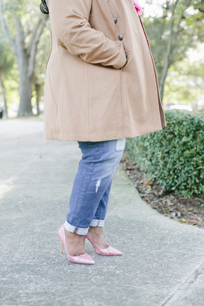 Musings of a Curvy Lady, Plus Size Fashion, Fashion Blogger, Cashmere, Lane Bryant, Pink Cashmere Sweater, 6th and Lane, Boyfriend Jeans, distressed denim, Plaid Scarf, Military Coat, Camel Coat, Women's Fashion, #PlusIsEqual, #RealOutfitGram, #MCBeautyRoadshow, OOTD, Fall Fashion, Kate Spade, Pink Glitter Pumps