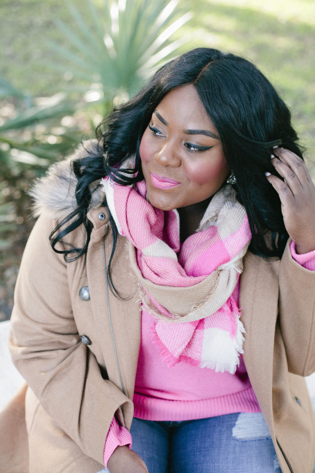 Musings of a Curvy Lady, Plus Size Fashion, Fashion Blogger, Cashmere, Lane Bryant, Pink Cashmere Sweater, 6th and Lane, Boyfriend Jeans, distressed denim, Plaid Scarf, Military Coat, Camel Coat, Women's Fashion, #PlusIsEqual, #RealOutfitGram, #MCBeautyRoadshow, OOTD, Fall Fashion, Kate Spade, Pink Glitter Pumps