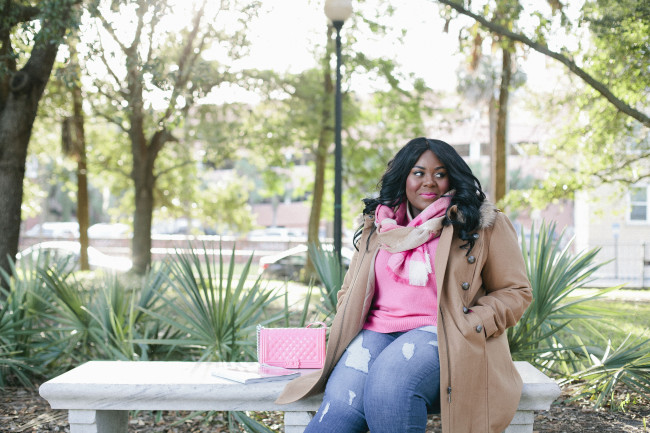 Musings of a Curvy Lady, Plus Size Fashion, Fashion Blogger, Cashmere, Lane Bryant, Pink Cashmere Sweater, 6th and Lane, Boyfriend Jeans, distressed denim, Plaid Scarf, Military Coat, Camel Coat, Women's Fashion, #PlusIsEqual, #RealOutfitGram, #MCBeautyRoadshow, OOTD, Fall Fashion, Kate Spade, Pink Glitter Pumps