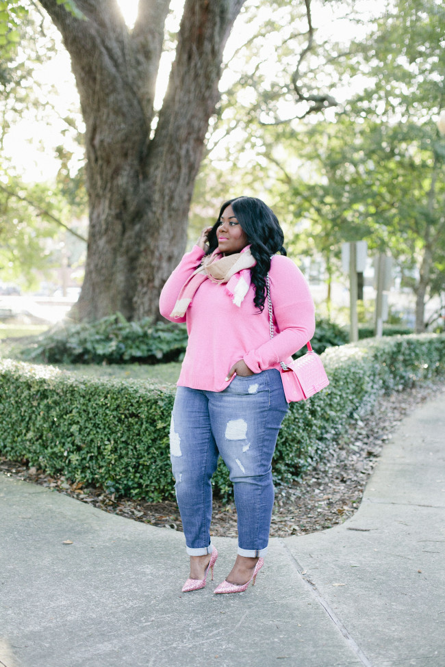 Musings of a Curvy Lady, Plus Size Fashion, Fashion Blogger, Cashmere, Lane Bryant, Pink Cashmere Sweater, 6th and Lane, Boyfriend Jeans, distressed denim, Plaid Scarf, Military Coat, Camel Coat, Women's Fashion, #PlusIsEqual, #RealOutfitGram, #MCBeautyRoadshow, OOTD, Fall Fashion, Kate Spade, Pink Glitter Pumps