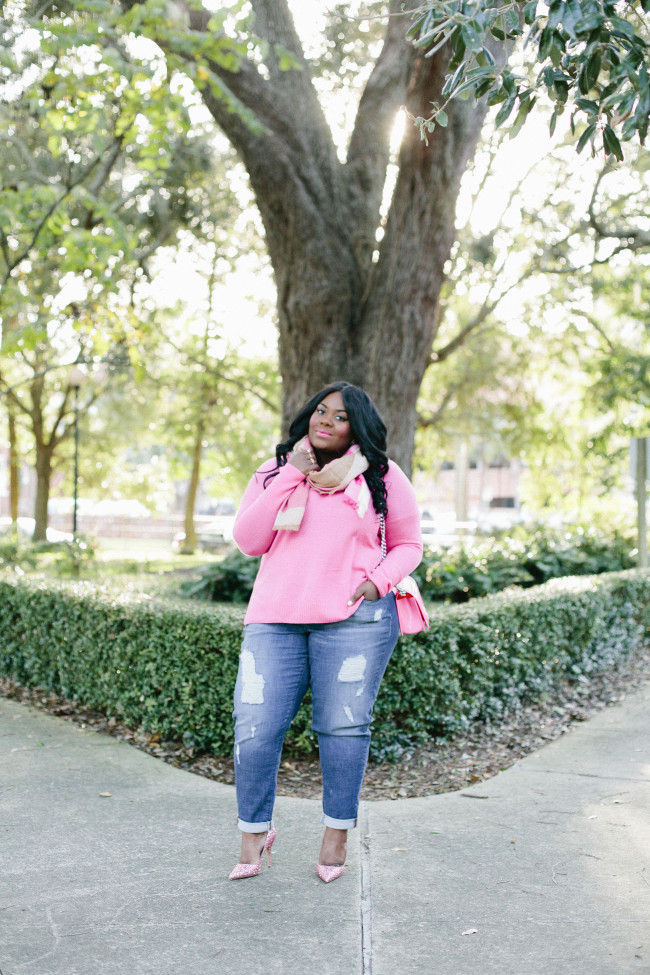 Musings of a Curvy Lady, Plus Size Fashion, Fashion Blogger, Cashmere, Lane Bryant, Pink Cashmere Sweater, 6th and Lane, Boyfriend Jeans, distressed denim, Plaid Scarf, Military Coat, Camel Coat, Women's Fashion, #PlusIsEqual, #RealOutfitGram, #MCBeautyRoadshow, OOTD, Fall Fashion, Kate Spade, Pink Glitter Pumps