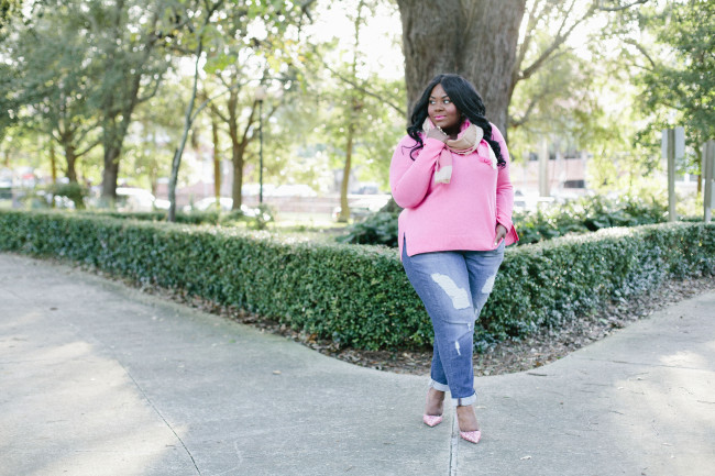 Musings of a Curvy Lady, Plus Size Fashion, Fashion Blogger, Cashmere, Lane Bryant, Pink Cashmere Sweater, 6th and Lane, Boyfriend Jeans, distressed denim, Plaid Scarf, Military Coat, Camel Coat, Women's Fashion, #PlusIsEqual, #RealOutfitGram, #MCBeautyRoadshow, OOTD, Fall Fashion, Kate Spade, Pink Glitter Pumps