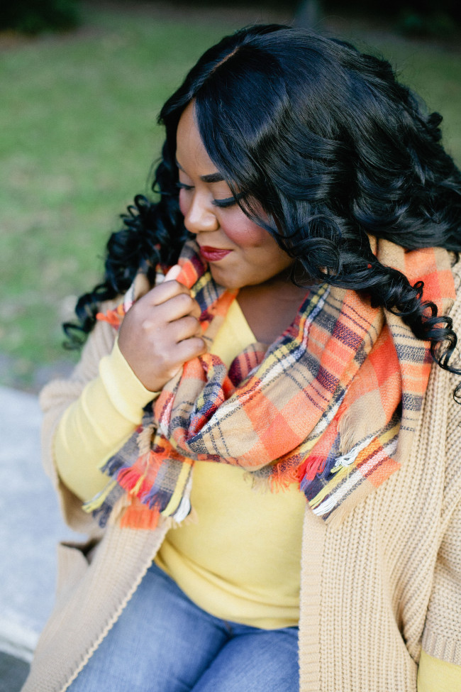 Musings of a Curvy Lady, Plus Size Fashion, Fashion Blogger, Lane Bryant, Fall Fashion, Casual Look, Plaid Scarf, Distressed BoyFriend Jeans, Old Navy, ShoeDazzle, Ankle Boots